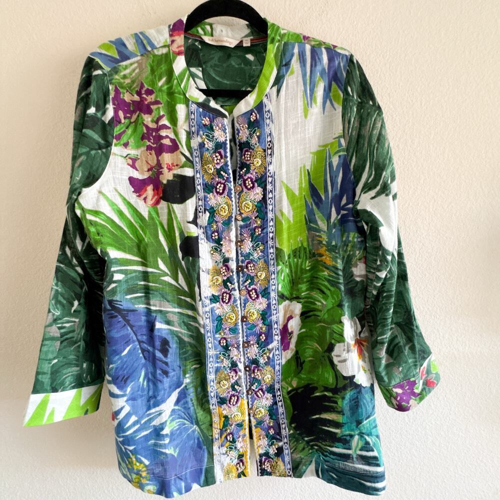 Soft Surroundings Tropical Floral Embroidered Beaded Tunic Top PL